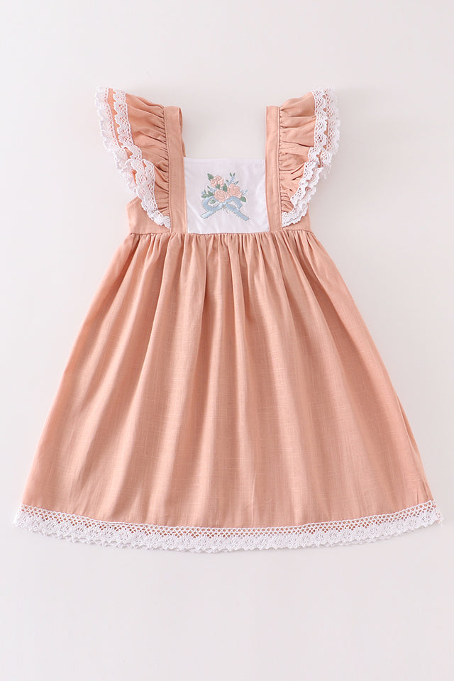 PINK FLORAL EMBROIDERY LINEN RUFFLE DRESS