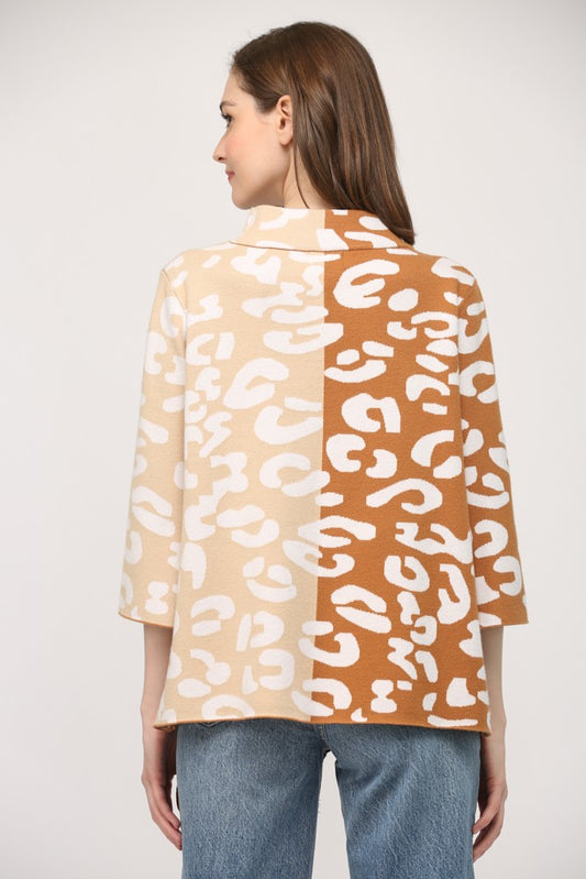 Colorblock Animal Print Mock Neck Sweater