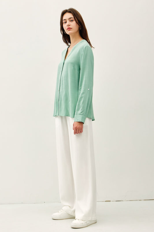 V-Neck Mandarin Collar Button Down Shirt