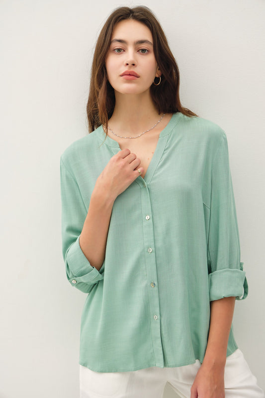 V-Neck Mandarin Collar Button Down Shirt