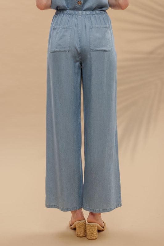 Drawstring Wide Leg Chambray Pants