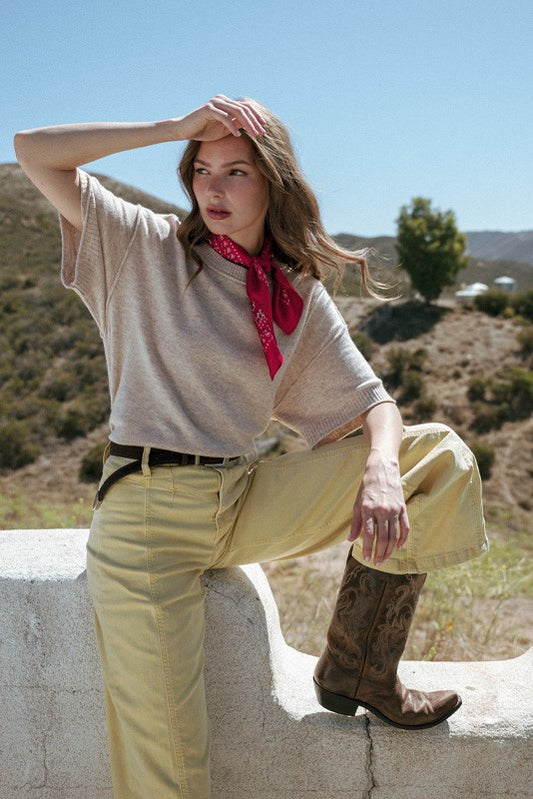 Raw Edge Accent Comfy Sweater Top - Powder Blue