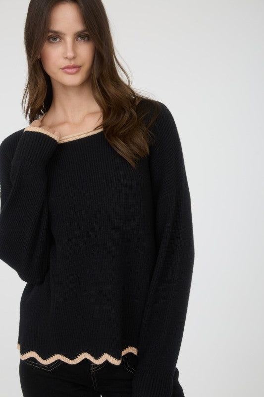 Contrast Scallop Trim Knit Sweater