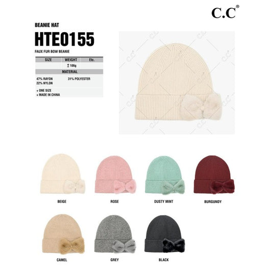 Faux Fur Beanie w/Bow - Camel