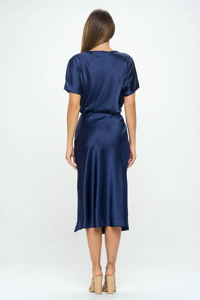 Satin Stretch Print Dress with Slit - Navy