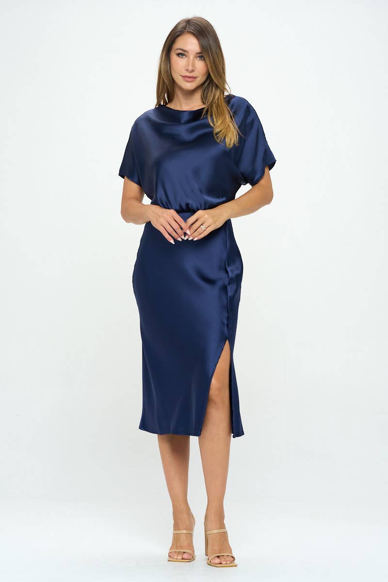 Satin Stretch Print Dress with Slit - Navy