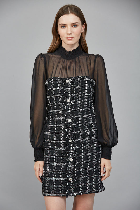 CONTRAST SHEER CHIFFON DETAIL FRONT BUTTON DOWN TWEED DRESS