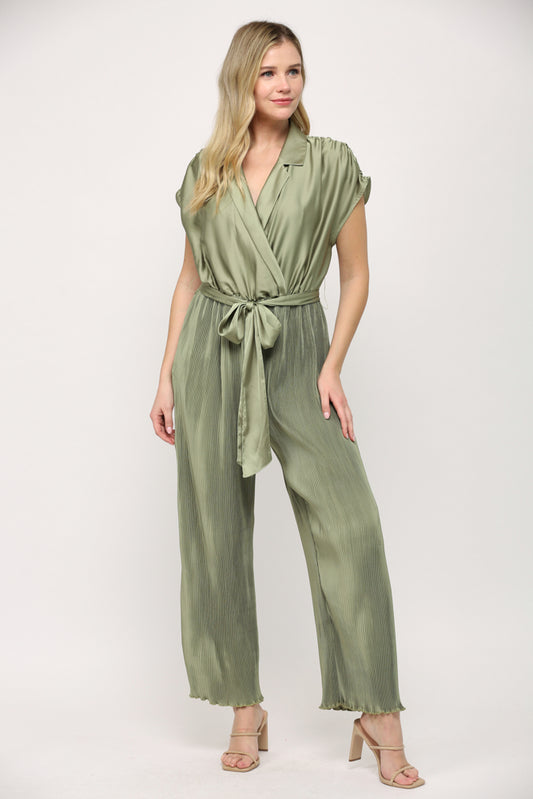 Pleated Bottom Lapel Collar Jumpsuit