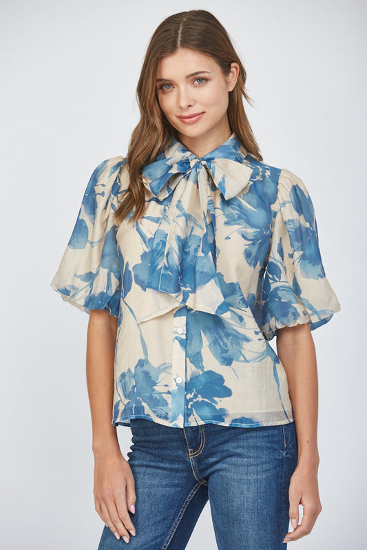 Lantern Sleeve Blouse with Removable Neck Tie
