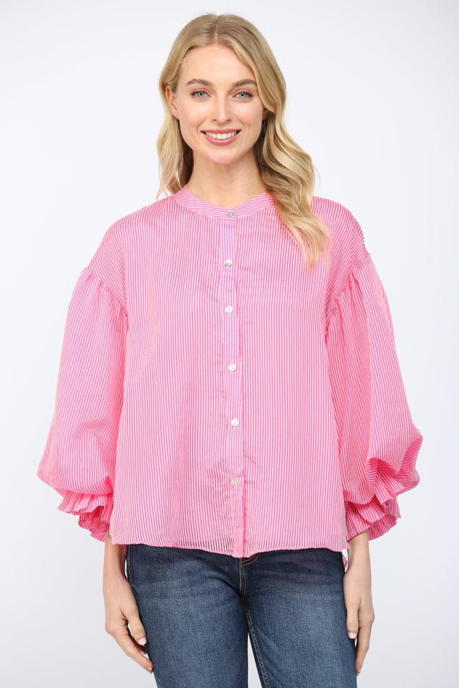Pinstripe Voluminous Bubble Slv Blouse - Blue