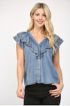 V-NECK TOP WITH RUFFLE TRIM OVERLAY