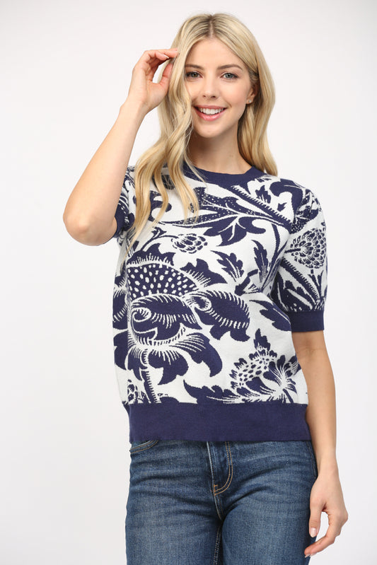 Floral Motif Jacquard Knit Short Puff Sleeve Sweater
