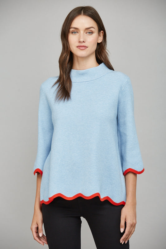 Scallop Edge Detailed Mock Neck Sweater- Powder Blue w/Red edge