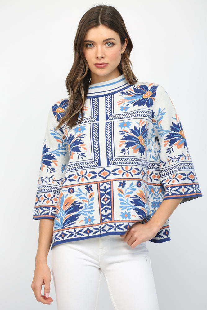 Patchwork Mock Neck Bell Sleeve Sweater