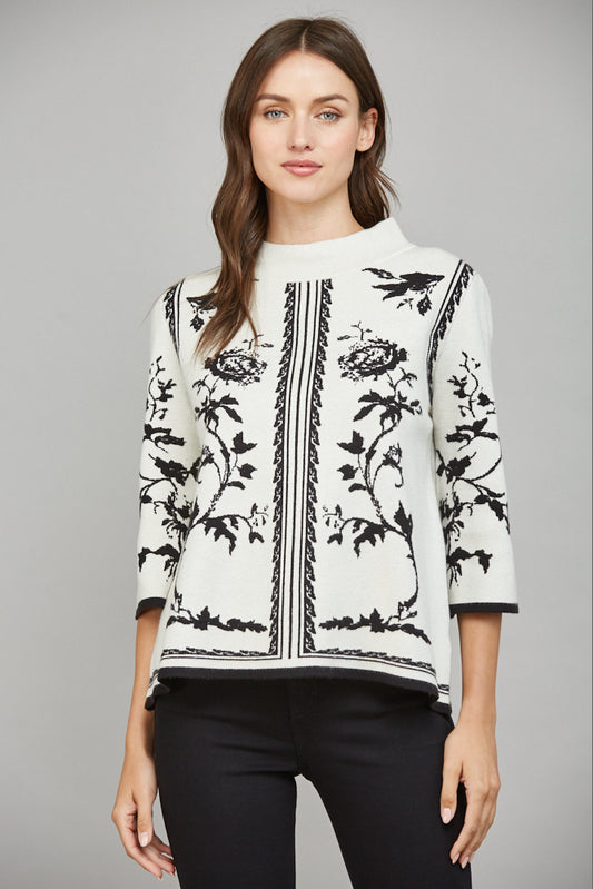 Contrast Border Jacquard Knit Mock Neck Sweater