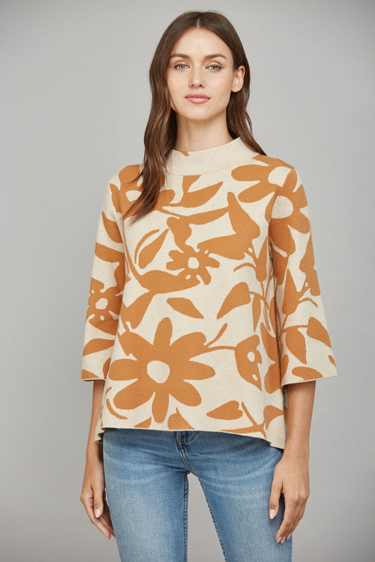 Floral Pattern Jacquard Bell Sleeve Sweater