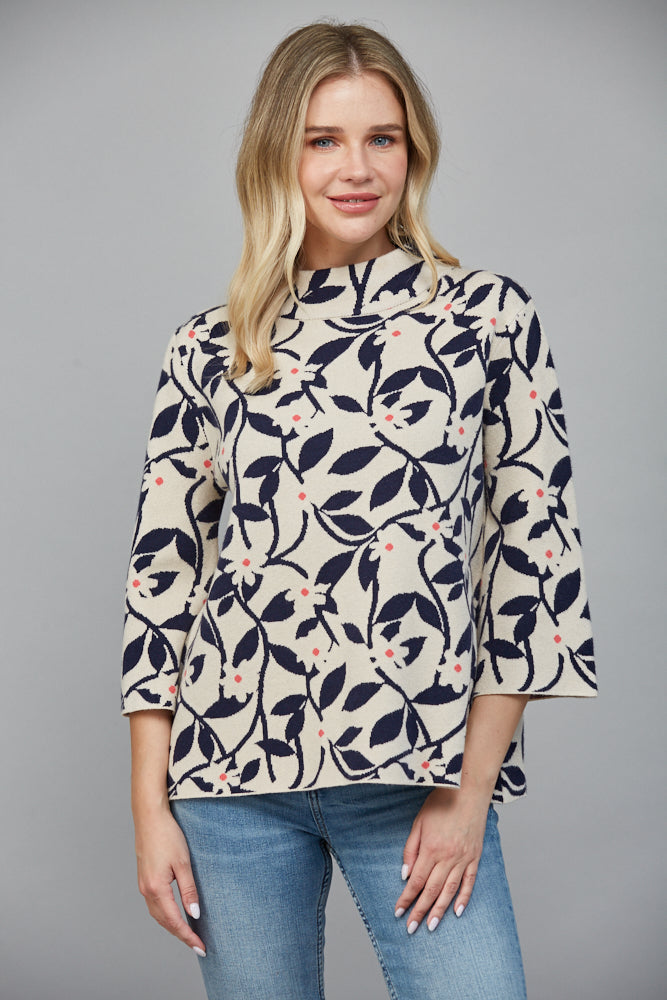 Floral & Leaves Pattern Jacquard Knit Mock Neck Sweater