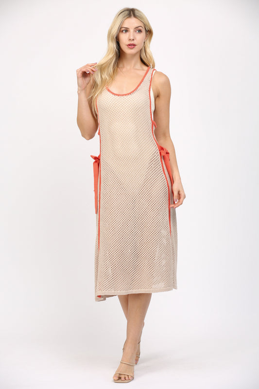 PIPED SIDE TIE CROCHET SWEATER DRESS