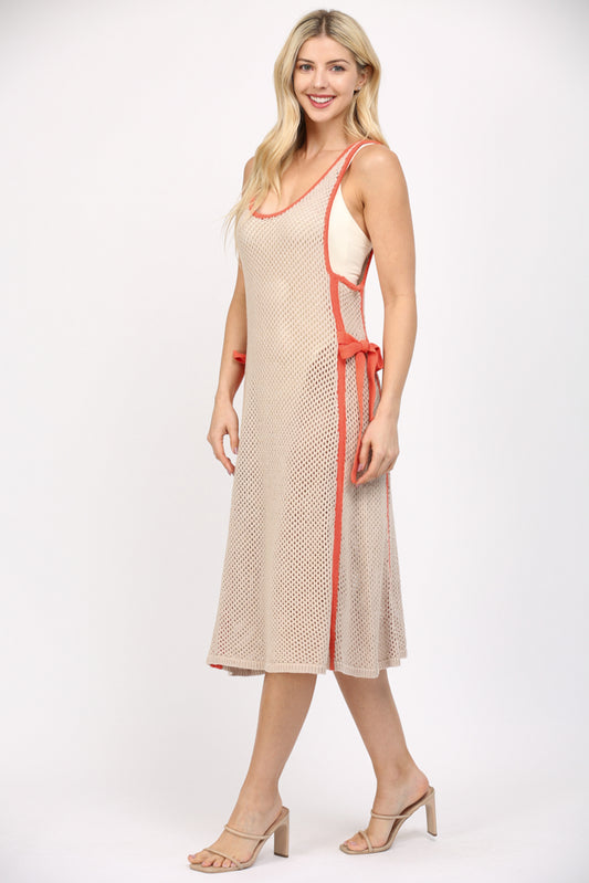 PIPED SIDE TIE CROCHET SWEATER DRESS