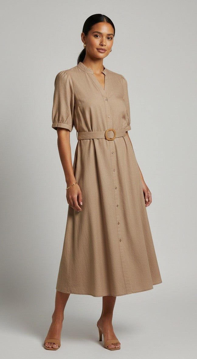 Taupe Solid Belted Dress
