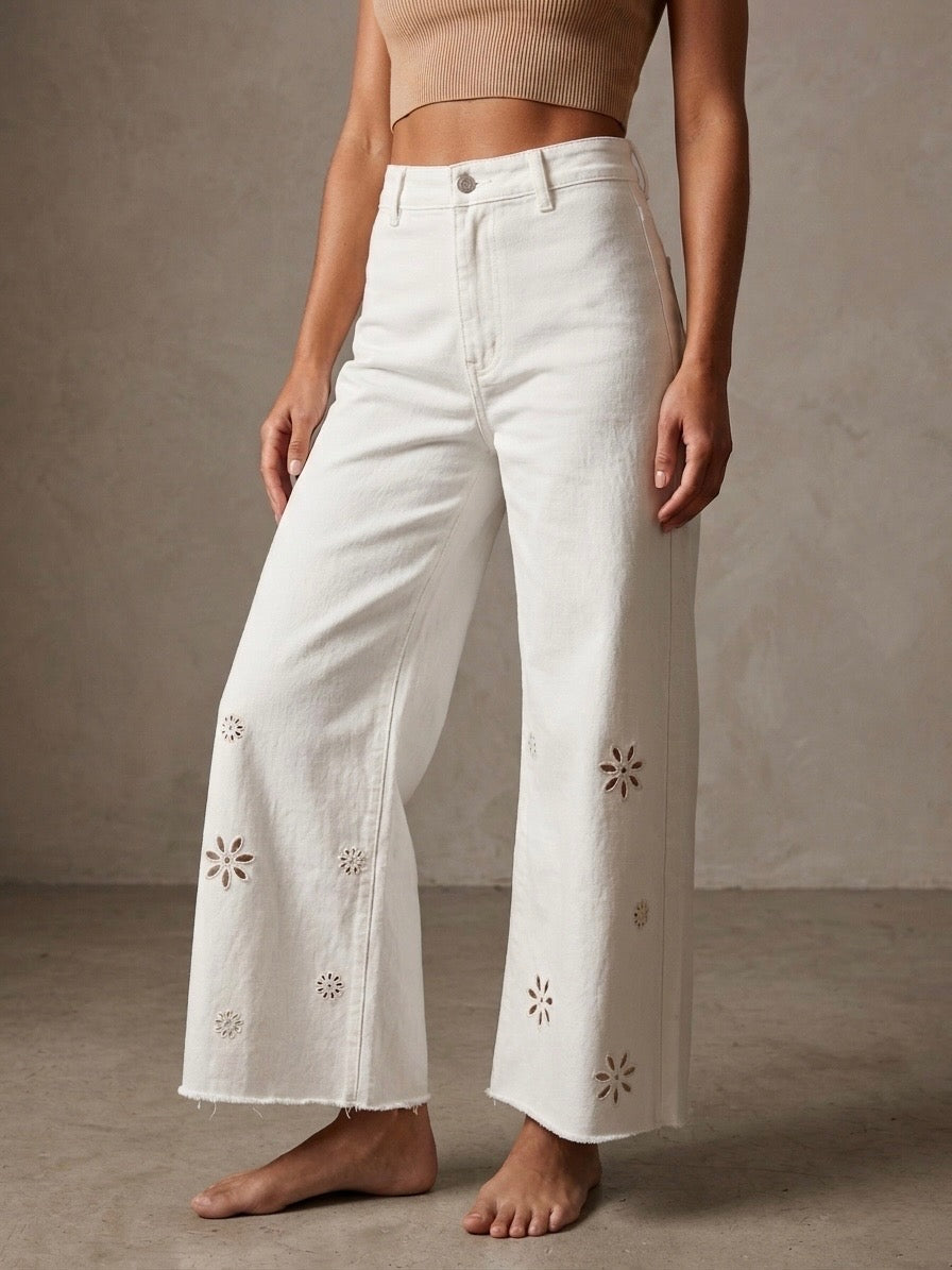 Eyelet Embroidery Detail White Pant