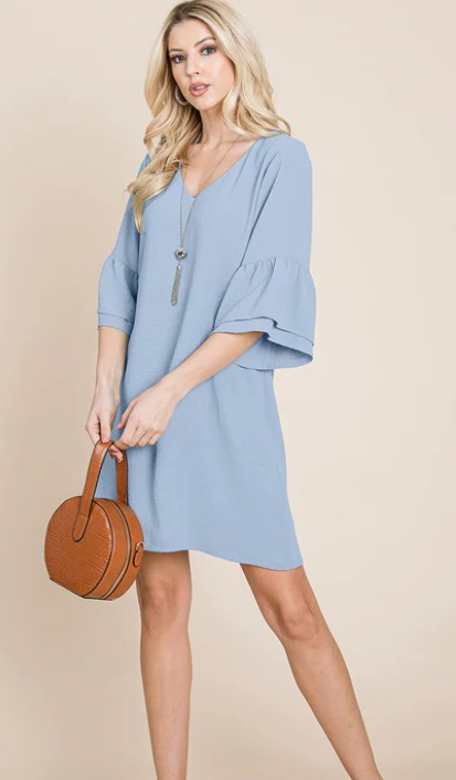 White V-Neck Flounce Ruffle Sleeve Dress