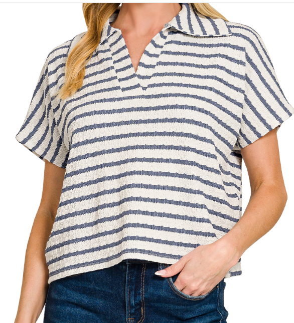 STRIPED SPLIT NECK COLLARED TOP - Denim