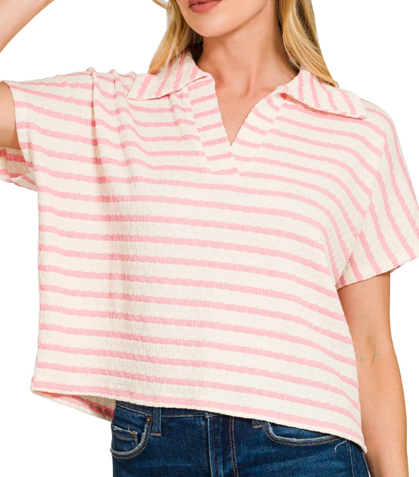 STRIPED SPLIT NECK COLLARED TOP - Pink