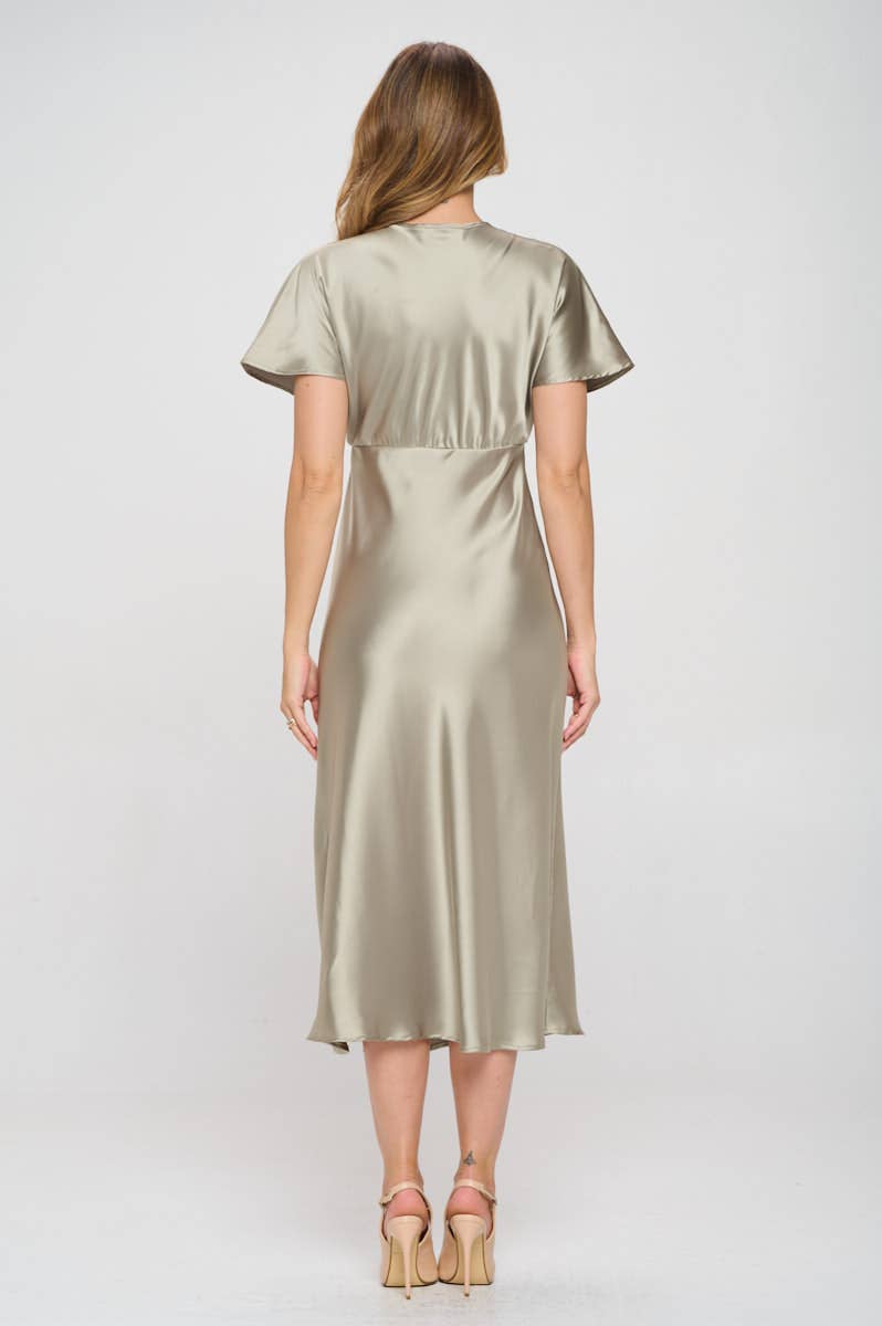 Renee C. - Made in USA Solid Satin V neck Midi Dress with Slit