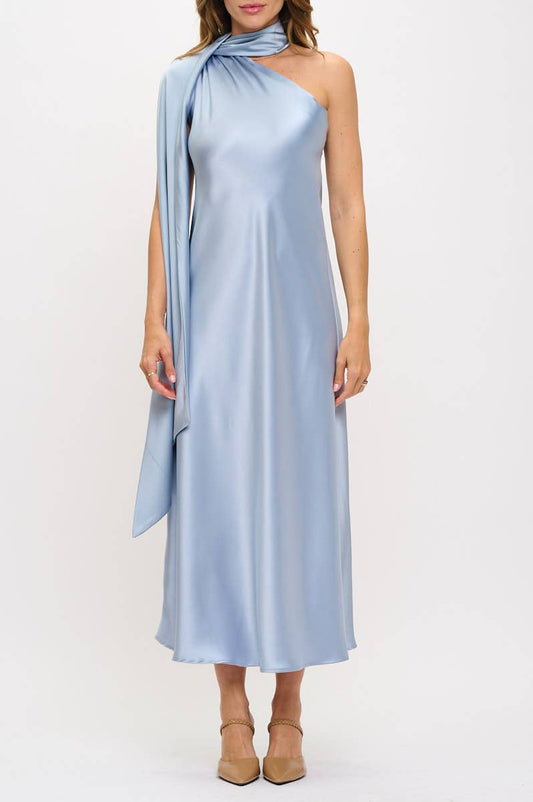 One Shoulder Satin Maxi Dress with Scarf Detail