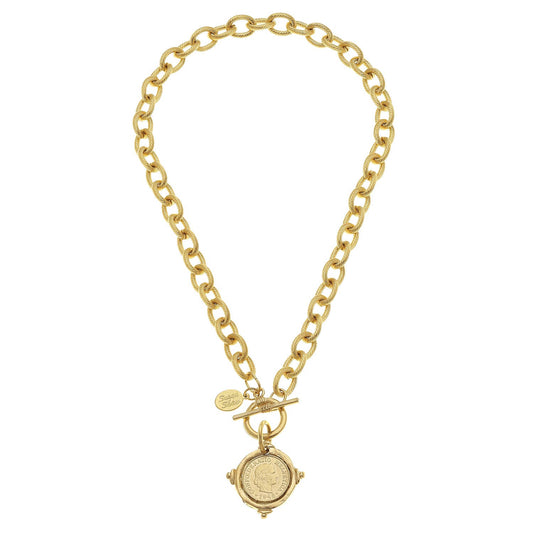 Handcast Gold Intaglio Coin Front Toggle Necklace