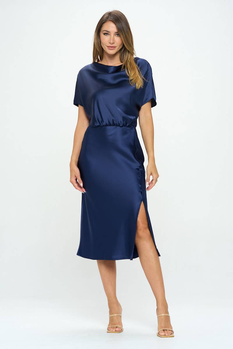 Satin Stretch Print Dress with Slit - Navy