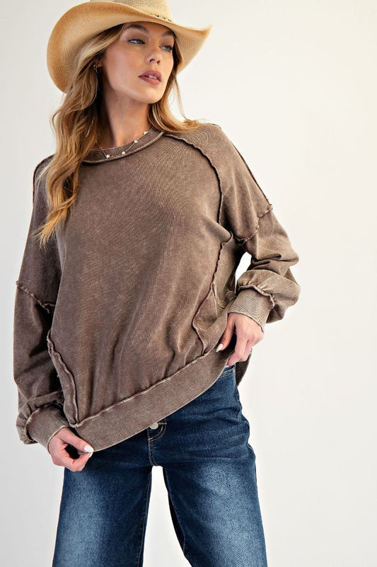L/S Cut out Detailed Mineral Wash Pullover - Cocoa