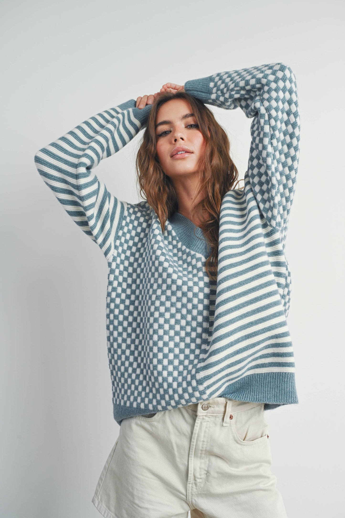 FRENCHY CHECKER PATTERN DROP SHOULDER SWEATER