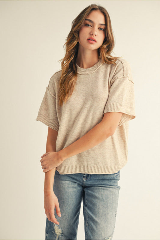 Drop shoulder comfy sweater top with raw edge detail - Oatmeal Plus