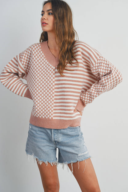 FRENCHY CHECKER PATTERN DROP SHOULDER SWEATER
