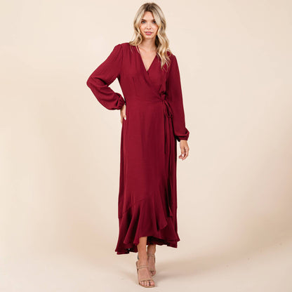 Ruffle Hem High Low Long Sleeve Wrap Maxi Dress