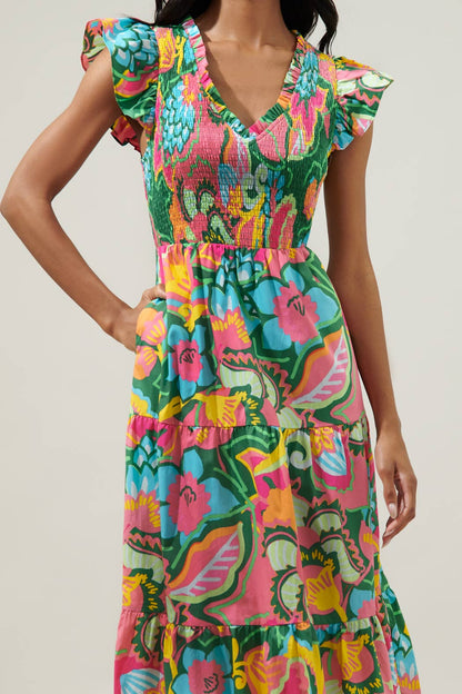 Sugarlips - Lanai Multi Tropics Sunfire Smocked Bodice Tiered Midi Dress