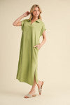 Solid Collared Midi Dress with Pockets