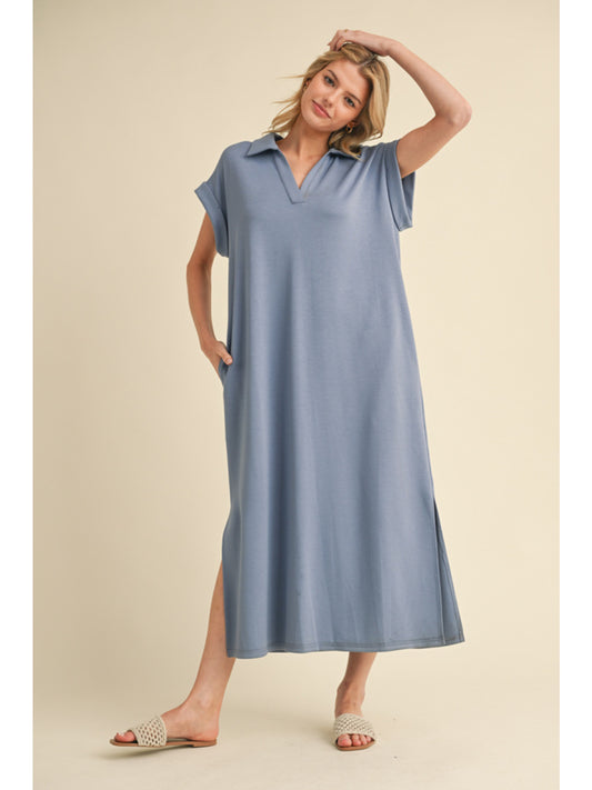 Solid Collared Midi Dress with Pockets - Plus Size