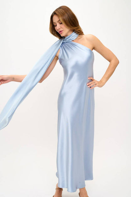 One Shoulder Satin Maxi Dress with Scarf Detail