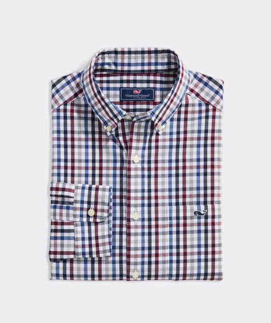 Stretch Poplin Tattersall Shirt - Crimson