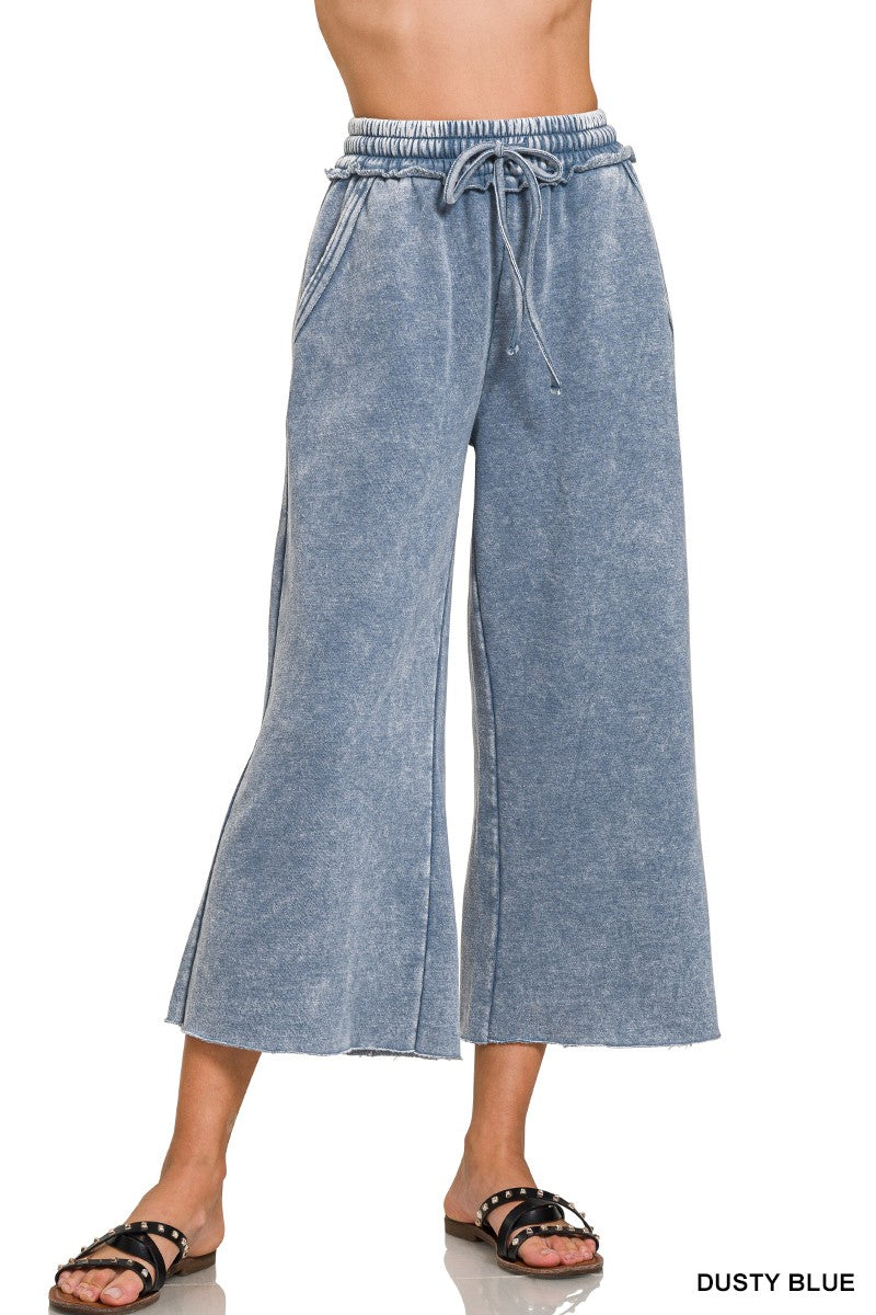 ACID WASH FLEECE PALAZZO SWEATPANTS WITH POCKETS