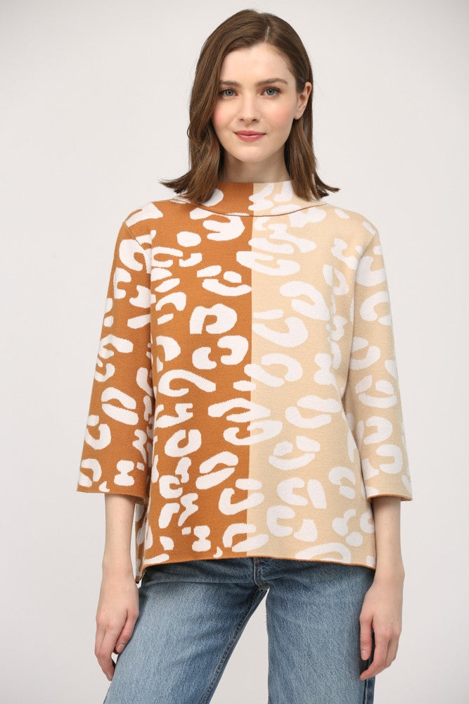 Colorblock Animal Print Mock Neck Sweater