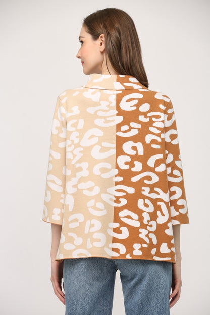 Colorblock Animal Print Mock Neck Sweater