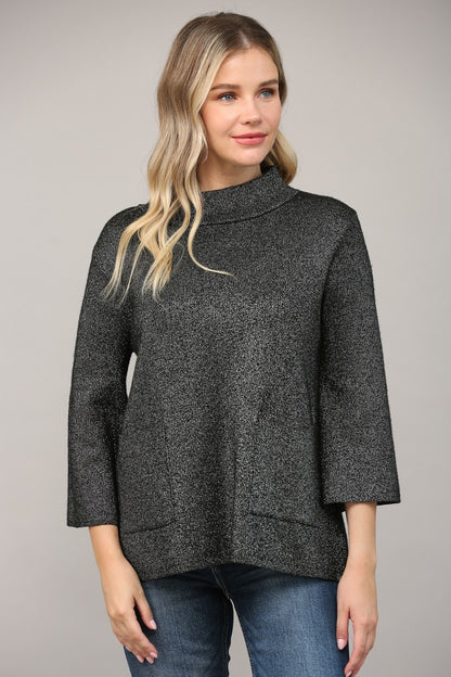 Glitter Yarn Front Pocket Mock Neck Sweater
