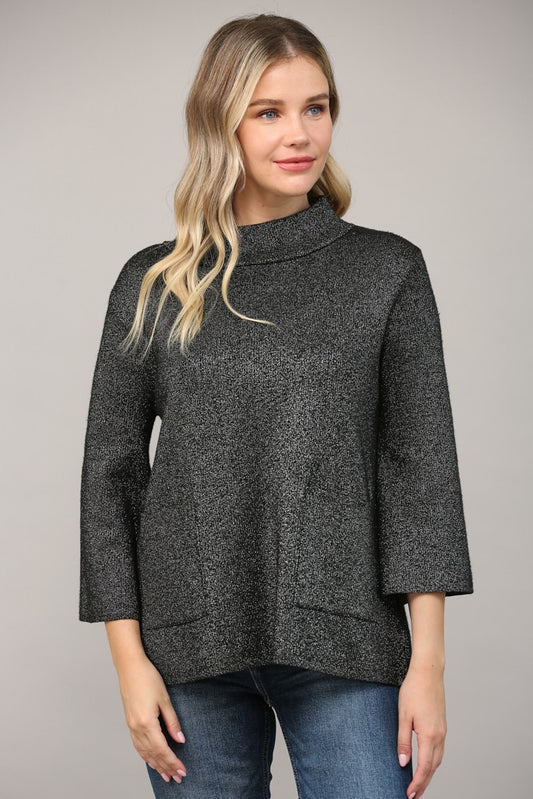 Glitter Yarn Front Pocket Mock Neck Sweater