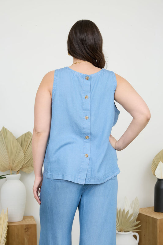 Plus Back Button Sleeveless Chambray Top