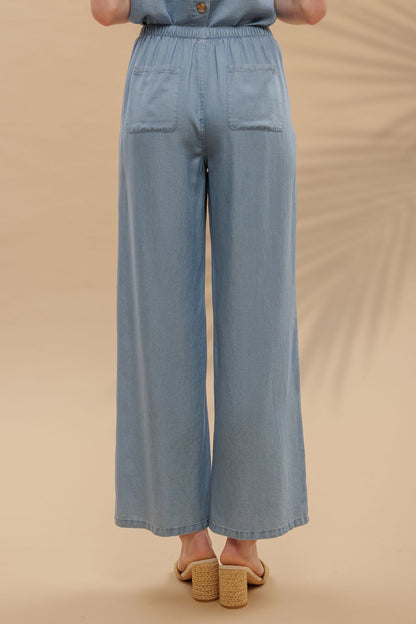 Drawstring Wide Leg Chambray Pants