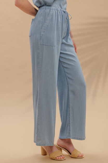Drawstring Wide Leg Chambray Pants